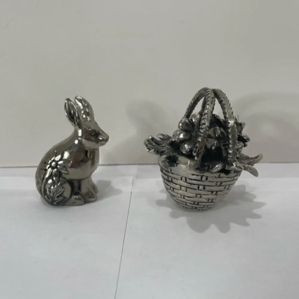 Silver Plate Bunny Rabbit Flower Basket Salt Pepper Set Unsigned The basket is 4